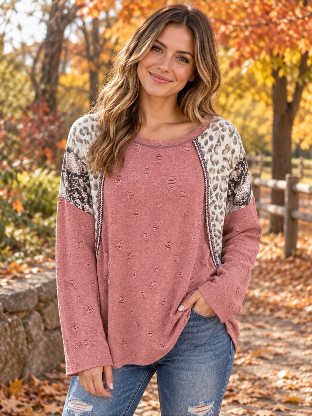 BiBi Mauve Distressed Pullover with Leopard Shoulder Panels
